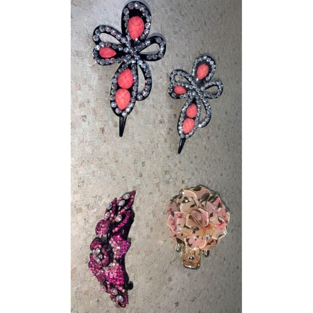 Floral Hair Clips Vintage Rhinestone Hairclips Lot (4)